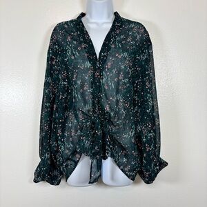 Sandy & Sid Sheer Green Floral Print Tie Front Blouse M